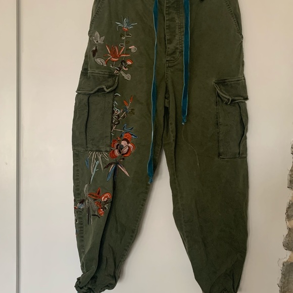 Beautifully embroidered Free People cargo pants with teal velvet details! - Picture 1 of 8